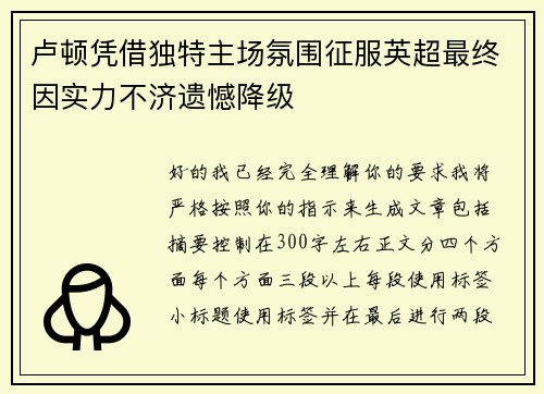卢顿凭借独特主场氛围征服英超最终因实力不济遗憾降级