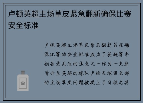 卢顿英超主场草皮紧急翻新确保比赛安全标准
